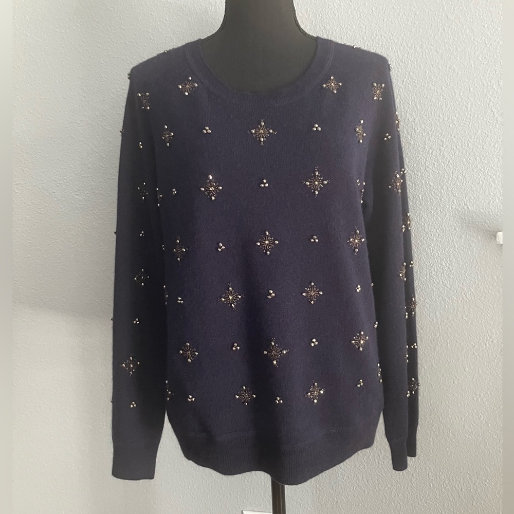 C by Bloomingdale’s Cashmere Embellished Navy Sweater 100% 2-ply cashmere size L